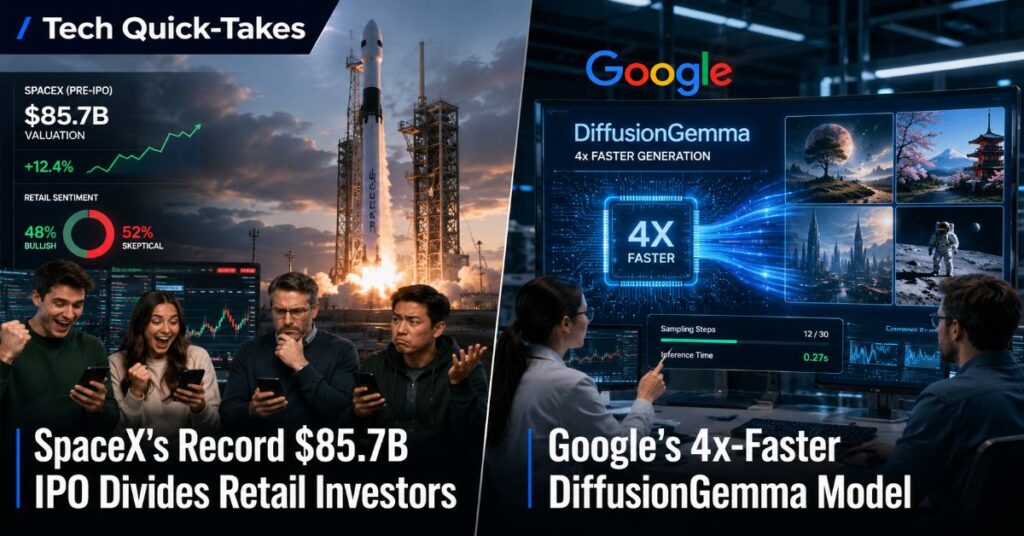 Tech Quick-Takes: SpaceX’s Record $85.7B IPO Divides Retail Investors and Google’s 4x-Faster DiffusionGemma Model